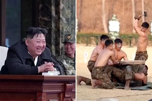 Smiling Kim Jong Un watches troops hit each other with axes at parade