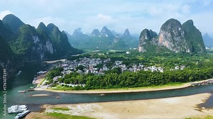 View of Li River with karst peaks at Xingping Ancient Town in the Guangxi Region, China