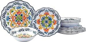 Flores Melamine 12 Pc Dinnerware Set Service for 4 – Unbreakable Outdoor Plates and Bowls, Vibrant Floral Design, Great for Entertaining, Patio Dining, Gifting, and Everyday Use