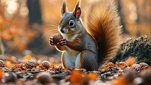 A squirrel gathering nuts, with the woodland blurred in the background to emphasize the creature activity. VDO 4k ProRes
