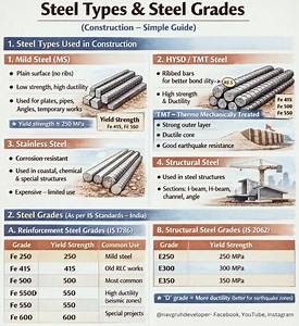 Selecting the right #steeltype and grade is essential for strength, ductility, and durability of structures. Proper choice ensures safety, performance, and compliance with design standards #SteelTypes #SteelGrades #RCCSteel #StructuralSteel #CivilEngineering #ConstructionMaterials #BuildingSafety #StructuralDesign #SiteEngineering | DSE | Facebook