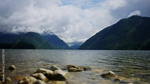 Calm Nature With Alouette Lake And Forested Valley In British Columbia, Canada. Wide Shot