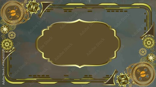 Luxury steampunk frame with golden gears and vintage metal texture background. Retro mechanical border animation, elegant Victorian style design, perfect for titles, presentations, intro, loop, overla