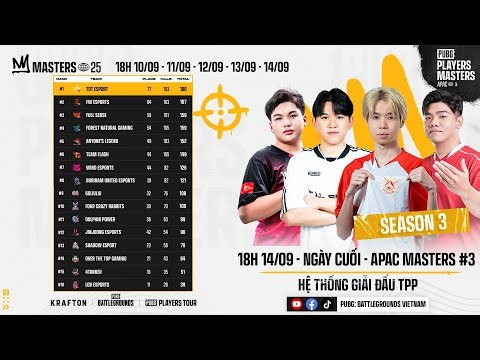 🏆 APAC MASTERS #3 (TPP) - NGÀY CUỐI: 🇻🇳 AL, 🇻🇳 TDT, 🇻🇳 FL, 🇻🇳 FCR, 🇻🇳 WDE, 🇻🇳 4TK, 🇻🇳 OTTG, 🇻🇳 66...