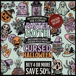 Pastel Goth Halloween Clipart PNG Bundle – Cursed Cute Skull, Witch, Candy, Ghost, and Occult Graphics for Stickers, Scrapbook & Journaling - Etsy