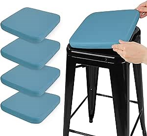SINOSSO Modern Faux Leather Bar Stool Cushions 4 Pack, Leathaire Magnetic Small Chair Pads for Cafe Bistro Stackable Metal Stools (Square, Blue, 4)