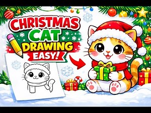 How to Draw a Cute Christmas Cat / Cat Drawing Easy