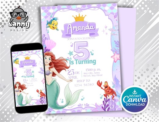 Little Mermaid Birthday Invitation | Editable Ariel Party Invite | Flounder Invitation | Digital Download 5x7 Card | Under the Sea Theme - Etsy