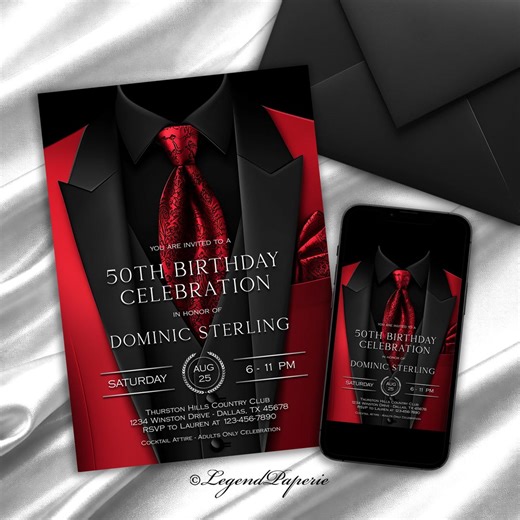 Red Black Tuxedo Birthday Invitation Any Age Black Tie Mens Party Editable Template - Etsy
