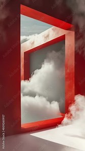 Red square with white background and cloud in middle