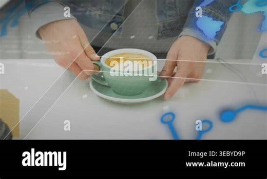 Hand reaching green latte cup on counter, displaying technology interface icons showing blue data. Coffee, technology, digital, interface, innovation, beverage, service Stock Video Footage - Alamy
