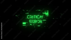 Critical error text with screen effects of technological failures. Spectacular screen glitch with various kinds of interference. Looped