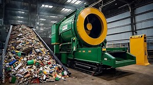 Large green waste management processing machinery. Large industrial facility for recycling garbage.