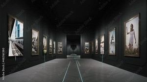 The concept of modern art museum. NFT Museum. NFT Crypto Art. Exhibition of digital art. Concept of traditional art into digital. NFT with digital technology. 3d animation