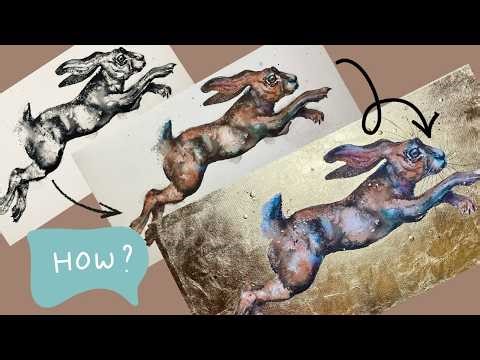 How to paint a golden hare using ink, watercolour and gold leaf on canvas