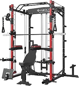 Mikolo Smith Machine with Weight Bench, Multifunction Power Cage and Cable Crossover Machine, Workout Machine with Storage System, Band Pegs, Smith Bar and Other Attachments for Home Gym（Red&Black）