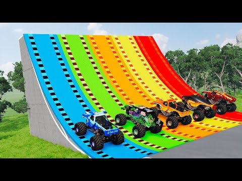 Grave Digger And MONSTER TRUCKS From COLORFUL RAMPS - BeamNG Monster Truck Crashes