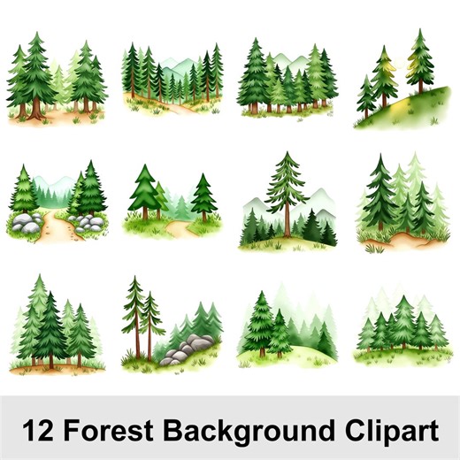 12 Watercolor Forest Tree Clipart PNG | Whimsical Woodland Pine Trees | Hand-drawn Nature Graphics for Nursery Decor | Commercial Use - Etsy