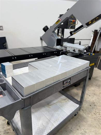 First material cuts for a new Abom product! We ordered enough to make a batch of 100. The Hydmech bandsaw is working perfectly after the hydraulic repair and cleanup. #abom79 #abomindustries #machineshop #manufacturing #hydmech #bandsaw #materialhandling | Abom79