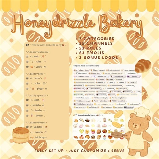Honeydrizzle Bakery Discord Server Template | Pre-made Roles, Channels & Emojis  3 Logos - Etsy