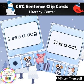 Winter CVC Sentence Clip Cards | Decodable Sentence Literacy Center Kindergarten