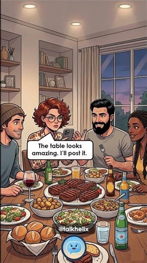 🍽️ English Dialogue – “Social Media Foodie at Dinner Table”