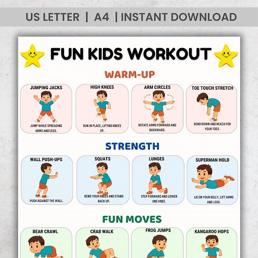 Kids Fitness Poster, Kids Exercise Chart, Printable Workout for Children, PE Classroom Activities, Home Workout Poster PDF - Etsy