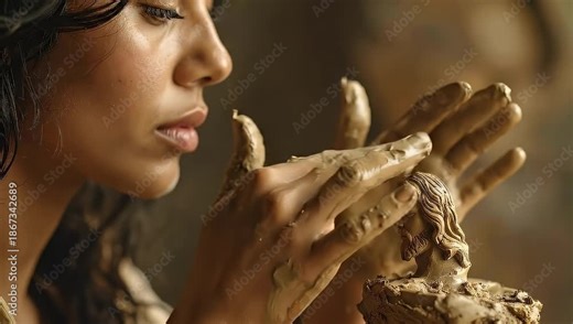 Woman artist sculpting clay figure with hands, creating art in studio.