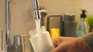 water pouring from a faucet tap in a bottle, drinking pure water concept