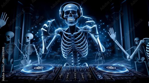 Skeleton DJ with headphones mixes music in a dark crypt illuminated by blue lights. Enigmatic atmosphere perfect for entertainment or Halloween events. Concept of nightlife, music, mystery