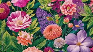 vibrant and colorful floral pattern featuring a variety of flowers including pink, purple, and peach blossoms. The lush green leaves add depth and contrast to the design