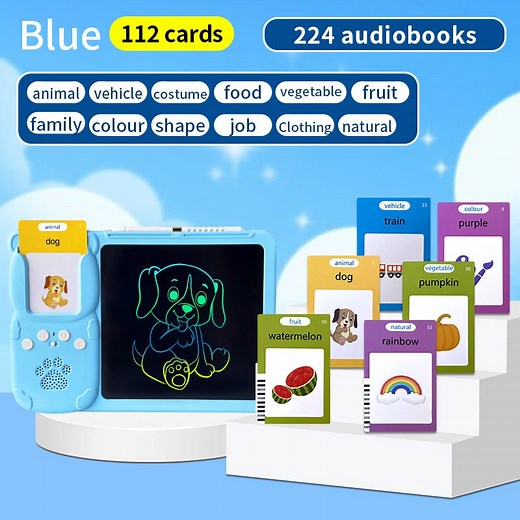 Blue (112 cards, pure English) Kids Interactive Early Education Toy: Combination Card Reader & LCD Drawing Board for Toddlers Unlock Fun Learning: Interactive Talking Flashcard & LCD Drawing Tablet for Kids Introduce your child to the joy of learning with this innovative 2-in-1 Educational Toy! Combining an interactive talking flashcard reader with an eye-friendly 8.5-inch LCD writing tablet, this device makes learning English vocabulary, pronunciation, and drawing fun and engaging for toddlers 