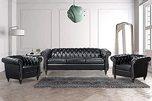 Black Chesterfield Sofa, Faux Leather Sofa Set for Living Room, Luxury Comfy Deep-Seat 3-Seater Couch and Two-Chair Set， for Bedroom, Office, or Apartment. Tool-Free 3-Piece Assembly