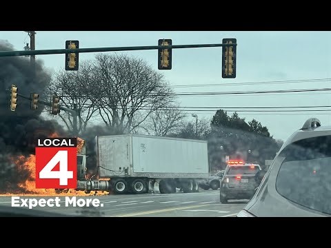 Wrong-way crash sparks semi fire, hazmat spill, melted traffic light in Canton Township