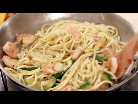 Shrimp Spaghetti with a Kick with Garlic Herb Butter and Zucchini