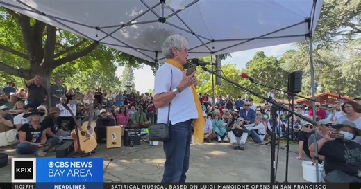 Folk singer, activist Joan Baez takes part in Palo Alto "No Kings" protest
