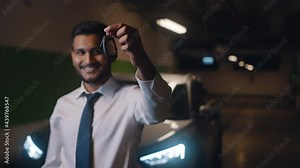 Young employee showing car keys to the camera. Dressed in formal white shirt and tie and smiling. Concept of getting a new car from the office. A White car can be seen in the parking lot.