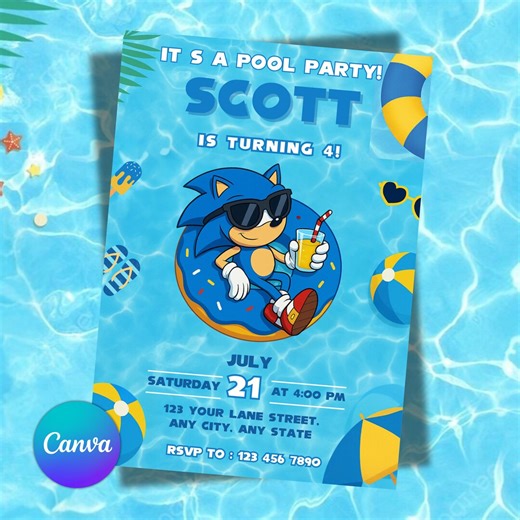 Sonic Pool Party Birthday Invitation, Sonic the Hedgehog Summer Party Invite, Digital Download, Editable Canva Template - Etsy
