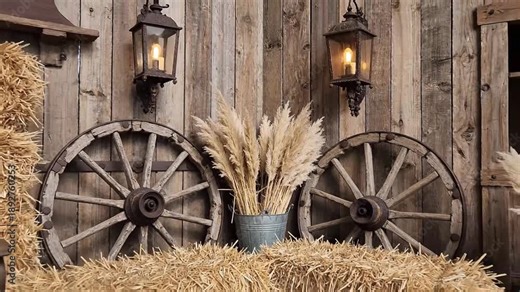 Rustic barnyard setup with hay bales and vintage wagon wheels for autumn decor