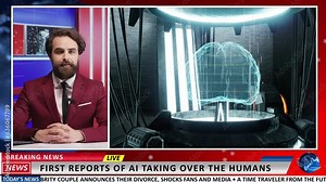 News reporter debates AI growth on live television, addressing artificial intelligence rise for media technology segment on newscast. Man presenter talks about innovation in newsroom.