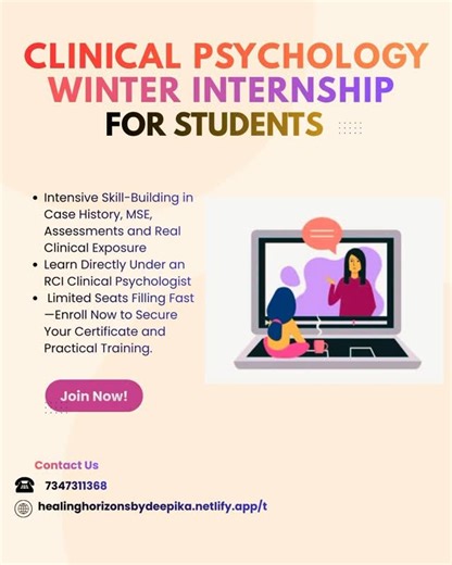Deepika Saini/RCI-Licensed clinical psychology on Instagram: "Online Winter Internship 2025 | Clinical Psychology Psychology students, applications are now open for our Online Clinical Skill-Building Internship under RCI supervision. Learn the skills your textbooks don’t teach. You’ll learn: • Case History + MSE • Behavioural Observation • Psychological Testing (Online) • Scoring + Interpretation • Basic Therapy Skills • Case Formulation • Clinical Documentation • Ethics in Online Practice Fully