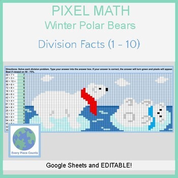 Pixel Art Math - Winter Polar Bears - Division Facts (1 - 10)