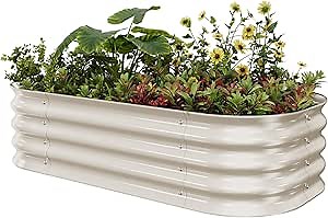 EAST OAK Galvanized Raised Garden Bed Kit, 4 x 2 x 1ft Oval Metal Planter Boxes Outdoor with Anti-Rust Coating, Sturdy Raised Garden Bed for Water Trough, Vegetables, Gardening Whisper White