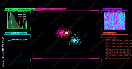 AI Marketing Intelligence Dashboard Showing A B Testing Optimization, K Means Customer Segmentation, Predictive CLV Forecasting, Real Time Bidding Dynamics and Churn Risk Analysis