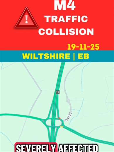 🚨 M4 TRAFFIC COLLISION ⚠️ | EASTBOUND | BETWEEN J17 (Stanton St Quinton / Chippenham) & J16 (Swindon) | WILTSHIRE | 2 OF 3 LANES CLOSED ❌❌ 🕒 FIRST REPORTED SHORTLY AFTER 18:00 GMT | 19-11-25 🔎 Details: • 📍 Location: M4 eastbound between J17 and J16 • 🚧 Restrictions: 2 of 3 lanes closed • 🚗 Traffic: Heavy congestion on approach • 🚓 Emergency Services: On scene managing incident • ⚠️ Advice: Expect delays and consider alternate routes via A3102 or A420 #UKTrafficUpdates #M4 #Wiltshire #Coll
