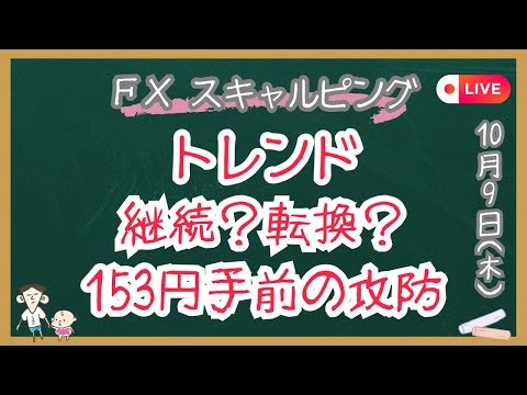 【ＦＸスキャル修行中】トレンド継続？転換？153円手前の攻防。レンジはいつ抜けるのか｜10月9日（木）昼の部