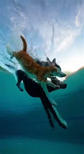 Cat Leads Dog Pack into Swimming Pool! 😹🌊 #puppy #funny #funnydog #funnypet#PoolParty #CatAndDog