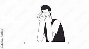 Animated bw young sad man at desk. Student struggling isolated 2D animation. Cartoon monochrome flat line character 4K video footage, white background, alpha channel transparency for web design