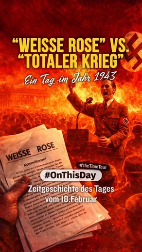 Weiße Rose vs. Totaler Krieg Während Goebbels den „totalen Krieg“ fordert, verteilen Studenten Flugblätter gegen das Regime. Mut oder lebensgefährlicher Widerstand ⁉️ #OnThisDay Zeitgeschichte des Tages vom 18. Februar. Das ist passiert: 1943 werden Hans und Sophie Scholl von der Widerstandsgruppe Weiße Rose beim Verteilen regimekritischer Flugblätter an der Münchner Universität verhaftet. Am selben Tag wird in Berlin der „totale Krieg“ ausgerufen. #WeisseRose #wissen #lernenmittiktok #thetimeto