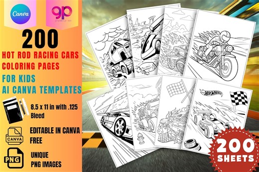 Racing Cars Coloring Pages | 200 Hot Rod Illustrations (digital Download, Canva Editable) - Etsy